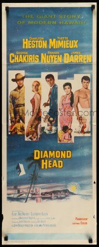 6p577 DIAMOND HEAD insert '62 Charlton Heston, Yvette Mimieux, cool art of Hawaiian volcano!