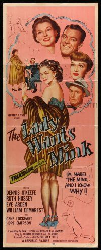 6p692 LADY WANTS MINK insert '52 art of Dennis O'Keefe, Ruth Hussey, Eve Arden & Mabel the Mink!