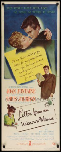 6p699 LETTER FROM AN UNKNOWN WOMAN insert '48 romantic close up art of Joan Fontaine & Louis Jourdan