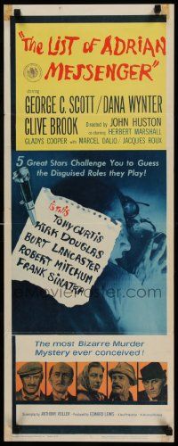 6p702 LIST OF ADRIAN MESSENGER insert '63 John Huston directs five heavily disguised great stars!