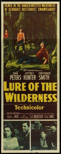 6p707 LURE OF THE WILDERNESS insert '52 art of sexy Jean Peters & wounded Jeff Hunter in swamp!