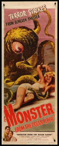 6p759 MONSTER FROM THE OCEAN FLOOR insert '54 cool art of the octopus beast attacking sexy girl!