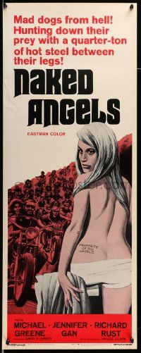 6p788 NAKED ANGELS insert '69 Roger Corman, art of sexy barely-clothed girl, motorcycle gangs!