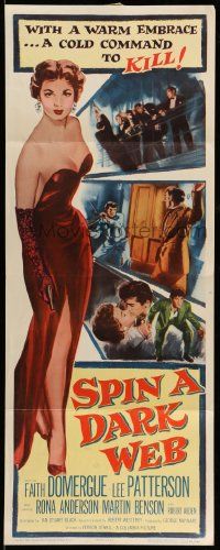 6p917 SPIN A DARK WEB insert '56 film noir art of sexy full length Faith Domergue with gun!