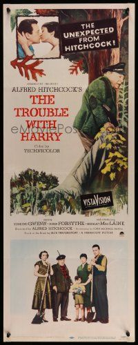 6p967 TROUBLE WITH HARRY insert '55 Alfred Hitchcock, Edmund Gwenn, Forsythe & Shirley MacLaine!