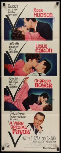 6p983 VERY SPECIAL FAVOR insert '65 Charles Boyer, Rock Hudson tries to unwind sexy Leslie Caron!