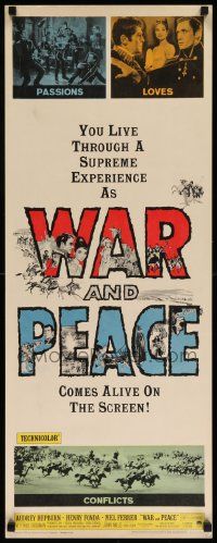 6p989 WAR & PEACE insert R63 art of Audrey Hepburn, Henry Fonda & Mel Ferrer, Leo Tolstoy epic!