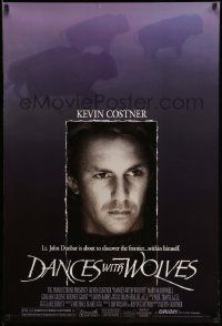 6r119 DANCES WITH WOLVES DS 1sh '90 close portrait of Kevin Costner & running buffalo!