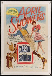 6s006 APRIL SHOWERS linen 1sh '48 full-length Jack Carson & Ann Sothern in rain of musical notes!