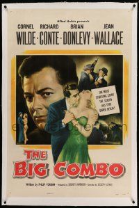 6s016 BIG COMBO linen 1sh '55 art of Cornel Wilde & sexy Jean Wallace, classic film noir!