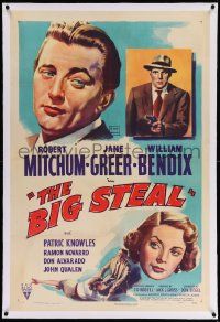 6s018 BIG STEAL linen 1sh '49 art of Robert Mitchum, Jane Greer & Bendix with gun, Don Siegel!