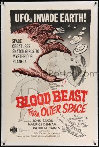 6s025 BLOOD BEAST FROM OUTER SPACE linen 1sh '66 UFOs invade Earth, creatures snatch sexy girls!