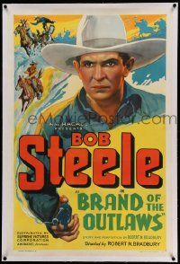 6s030 BRAND OF THE OUTLAWS linen 1sh '36 wonderful full art of cowboy Bob Steele with smoking gun!