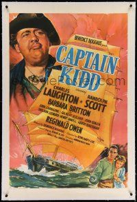 6s037 CAPTAIN KIDD linen 1sh '45 cool artwork of pirate Charles Laughton looming over his ship!