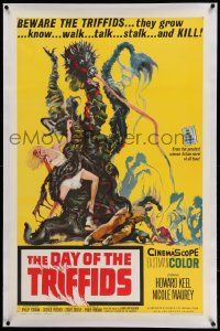 6s059 DAY OF THE TRIFFIDS linen 1sh '62 classic English sci-fi horror, art of plant monster w/girl!