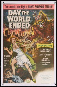 6s060 DAY THE WORLD ENDED linen 1sh '56 Roger Corman, great art of sexy Lori Nelson & wacky monster!