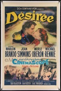 6s062 DESIREE linen 1sh '54 great artwork of Marlon Brando & pretty Jean Simmons about to kiss!