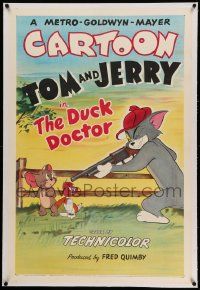 6s071 DUCK DOCTOR linen 1sh '52 cartoon art of hunter Tom pointing gun at Jerry & Little Quacker!