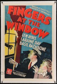 6s082 FINGERS AT THE WINDOW linen 1sh '42 art of Lew Ayres & Laraine Day + Rathbone's creepy shadow!
