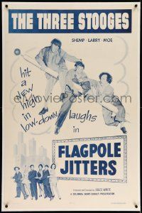 6s085 FLAGPOLE JITTERS linen 1sh '56 The Three Stooges, Shemp, Larry & Moe hit a new laugh high!