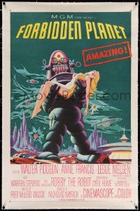 6s087 FORBIDDEN PLANET linen 1sh '56 most classic art of Robby the Robot carrying sexy Anne Francis!