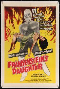 6s091 FRANKENSTEIN'S DAUGHTER linen 1sh '58 full-length art of wacky monster holding sexy girl!