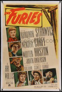 6s095 FURIES linen 1sh '50 Barbara Stanwyck, Wendell Corey, Walter Huston, Anthony Mann directed!