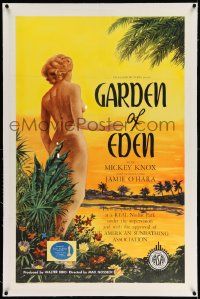 6s097 GARDEN OF EDEN linen 1sh '54 Florida nudist camp on the beach, wonderful sexy artwork!