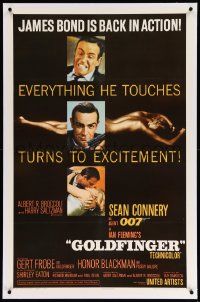 6s102 GOLDFINGER linen 1sh '64 3 great images of Sean Connery as James Bond + golden Shirley Eaton!