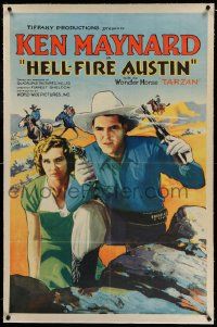 6s114 HELL FIRE AUSTIN linen 1sh '32 cowboy Ken Maynard with 2 smoking guns & Ivy Merton in desert!