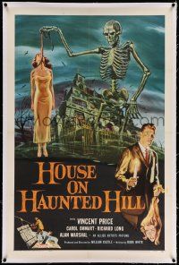 6s119 HOUSE ON HAUNTED HILL linen 1sh '59 classic art of Vincent Price & skeleton w/ hanging girl!