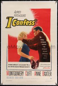 6s125 I CONFESS linen 1sh '53 Alfred Hitchcock, art of Montgomery Clift grabbing Anne Baxter!