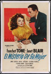 6s126 I LOVE TROUBLE linen Spanish/U.S. 1sh '47 art of Franchot Tone holding gun & sexiest Janet Blair!