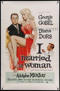 6s128 I MARRIED A WOMAN linen 1sh '58 artwork of sexiest Diana Dors sitting in George Gobel's lap!