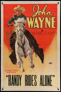 6s136 JOHN WAYNE linen 1sh '34 stone litho of him riding his horse, Randy Rides Alone!