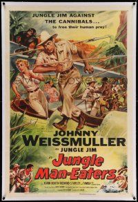 6s140 JUNGLE MAN-EATERS linen 1sh '54 Cravath art of Johnny Weissmuller as Jungle Jim vs cannibals!