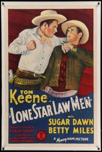 6s152 LONE STAR LAW MEN linen 1sh '41 cool stone litho of cowboy Tom Keene beating up bad guy!