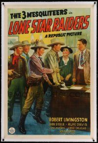 6s153 LONE STAR RAIDERS linen 1sh '40 cool stone litho of The Three Mesquiteers catching bad guy!