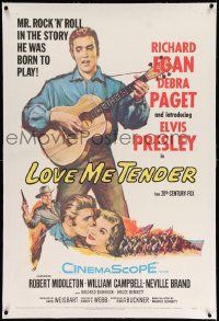 6s157 LOVE ME TENDER linen 1sh '56 1st Elvis Presley, artwork with Debra Paget & playing guitar!