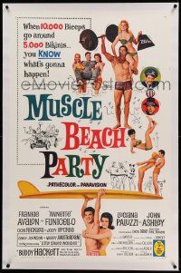 6s177 MUSCLE BEACH PARTY linen 1sh '64 Frankie & Annette, 10,000 biceps & 5,000 bikinis!