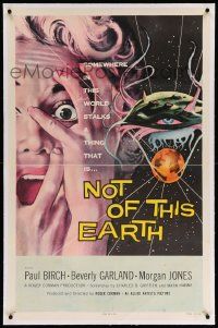 6s185 NOT OF THIS EARTH linen 1sh '57 classic close up art of screaming girl & alien monster!