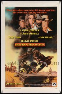 6s189 ONCE UPON A TIME IN THE WEST linen 1sh '69 Leone, art of Cardinale, Fonda, Bronson & Robards!