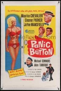 6s196 PANIC BUTTON linen 1sh '64 Maurice Chevalier, sexy Jayne Mansfield full-length in bikini!