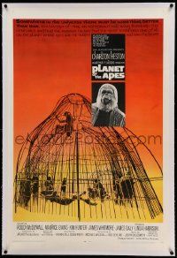 6s212 PLANET OF THE APES linen 1sh '68 Charlton Heston, classic sci-fi, cool art of caged humans!