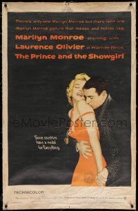 6s216 PRINCE & THE SHOWGIRL linen 1sh '57 Laurence Olivier nuzzles sexy Marilyn Monroe's shoulder!