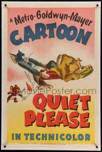 6s217 QUIET PLEASE linen 1sh '45 cartoon art of Tom taking Jerry's lit dynamite w/o waking Spike!