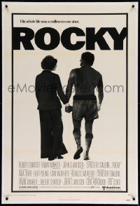 6s225 ROCKY linen 1sh '76 boxer Sylvester Stallone holding hands with Talia Shire, boxing classic!