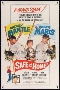 6s231 SAFE AT HOME linen 1sh '62 Mickey Mantle, Roger Maris, New York Yankees baseball, grand slam!