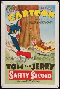 6s232 SAFETY SECOND linen 1sh '50 cartoon art of Tom putting firecracker by Jerry on 4th of July!