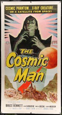 6t003 COSMIC MAN linen 3sh '59 art of soldiers & tanks attacking wacky creature from space, rare!